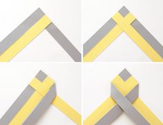 four different angles of tape taped together to make a triangle shaped wall art piece with yellow and gray strips