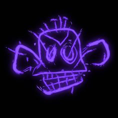 a neon purple drawing of a skull on a black background