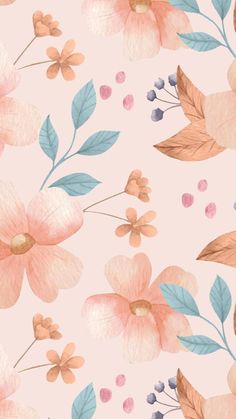 a pink and blue floral wallpaper with leaves