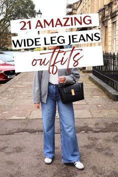 Wide Leg Patch Pocket Jeans Outfit, How To Style Jean Trousers Women, Boyfriend Wide Leg Jeans Outfit, Wide Leg Raw Hem Jeans Outfit, Wide Leg Jeans Dressed Up, High Rise Loose Jeans Outfit, Button Up Shirt With Wide Leg Pants, White Leg Jeans Outfits, Mid Size Wide Leg Pants Outfit