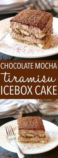 chocolate mocha tirami icebox cake on two white plates