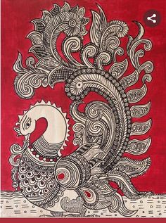 a red and white painting with an intricate design on it