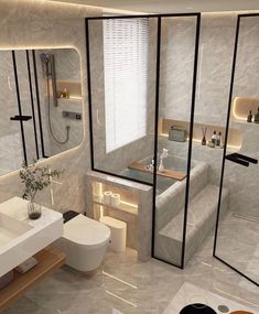 a modern bathroom is shown in white and black