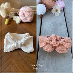 crocheted bows and yarns are shown on the table next to each other