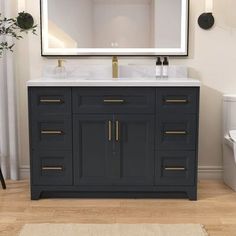 a white toilet sitting next to a bathroom sink under a large mirror above a vanity