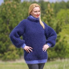 "READY TO SHIP  THICK AND FUZZY HAND KNITTED MOHAIR SWEATER by SuperTanya Brand: SuperTanya; Style: hand knitted mohair sweater; Material: premium class mohair; Color: Blue; Design: Ribbed design mohair sweater; Size L-XL Body length, measured from the shoulder top to the bottom end: 26.8″ / 68 cm; Chest width, measured at the back, between the underarms: 22.8″ / 58 cm; Sleeve length, measured from the neckline to the end of the cuff: 29.5″ / 75 cm Mock turtleneck: 3.5\" / 9 cm Net weight: 1.070 Cozy Blue Mohair Sweater, Fall Blue Knitting Pattern, Blue Fall Knitting Pattern, Blue Hand Knitted Mohair Sweater, Blue Hand-knitted Mohair Sweater, Blue Mohair Knitted Sweater, Fitted Blue Chunky Knit Sweater, Pullover Outfit, Mohair Sweater