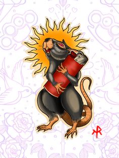 a cartoon rat holding a red box with flames on it's back and arms