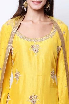 Shop for Nikasha Yellow Silk Embroidered Kurta Palazzo Set for Women Online at Aza Fashions Diwali Gold Embroidery Straight Kurta Salwar Kameez, Diwali Salwar Kameez With Gold Embroidery, Diwali Gold Embroidery Straight Salwar Kameez, Chanderi Salwar Kameez With Gold Embroidery, Festive Gold Embroidered Straight Kurta Salwar Kameez, Festive Anarkali Set With Gold Embroidery For Eid, Gold Straight Kurta Palazzo Designer Set, Gold Designer Wear Palazzo Set With Straight Kurta, Gold Straight Kurta Palazzo Set For Designer Wear