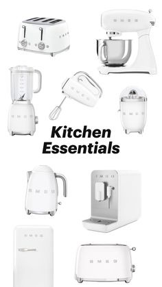 the kitchen essentials are displayed in this white advertisement, including toasters and mixers