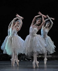 three ballerinas dressed in white tutus and ballet shoes are performing on stage