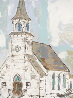 a painting of a church with a steeple on the front and side of it