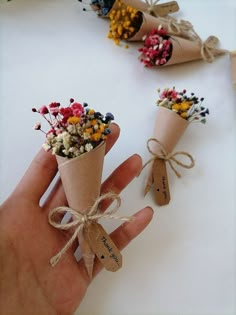 someone is holding some small cones with flowers in them and tied to twine together