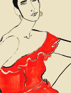 a drawing of a woman in a red dress