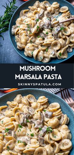 two plates with pasta and mushrooms on them