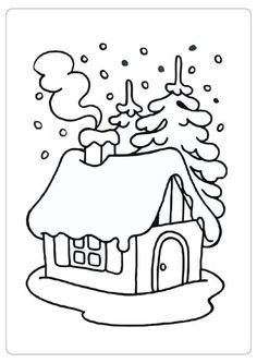 a coloring page with a house in the snow