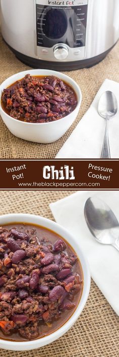 two bowls filled with chili next to an instant pot