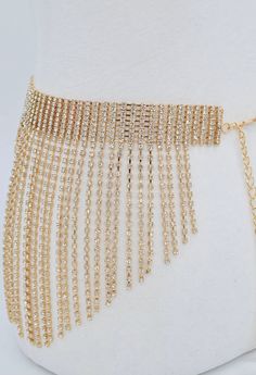 Cleo Belt Fringe rhinestone curtain belt with buckle closure. Adjustable Rhinestone Party Belts, Gold Rhinestone Party Belt, Gold Chain Belt With Rhinestones For Party, Gold Rhinestone Chain Belt For Party, Jem Costume, Belt With Buckle, Diy Bracelets Easy, Rhinestone Belt, Bold Fashion