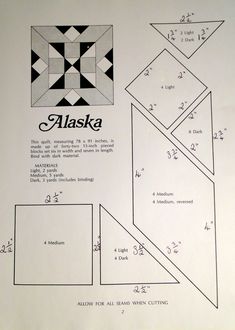 the alaska quilt pattern is shown in black and white, as well as other patterns