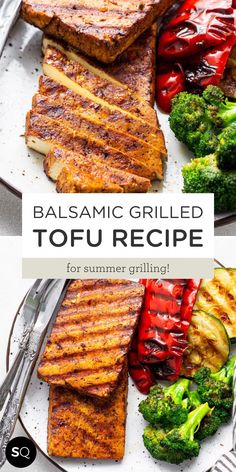 grilled tofu on a plate with broccoli and peppers