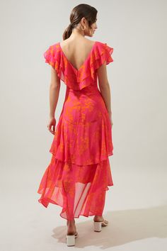 Sunburst Ruffle Tiered Sinclair Midi Dress – Sugarlips Hot Pink Bridesmaid Dresses, Hot Pink Bridesmaids, Simple Accessories, Pink Bridesmaid Dresses, Retro Wedding, Guest Dress, Dance Dresses, Strappy Heels, Sewing Dresses