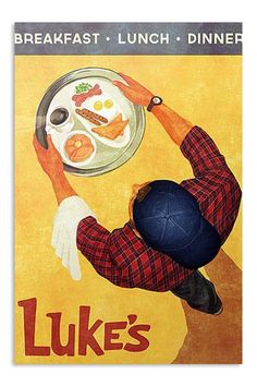 an advertisement for luke's breakfast and lunch dinner, featuring a man holding a plate with