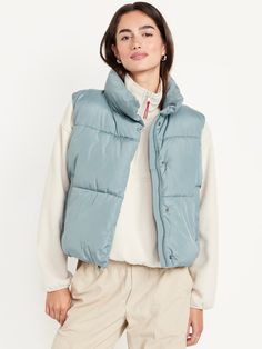 Quilted Puffer Vest | Old Navy Light Blue Puffer Vest Outfit, Quilted Vest Outfits For Women, Womens Winter Vest, Women Puffer Vest, Puffer Vest Women, Blue Puffer Vest, Rich Girl Fashion, Puffer Vest Outfit, Old Navy Vest