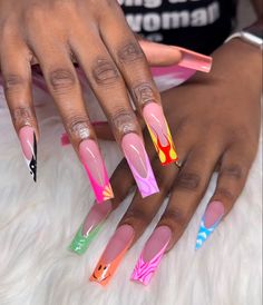 Mismatch French Tip Nails, Takashi Murakami French Tip Nails, 90’s Theme Acrylic Nails, Diy Acrylic Nails, Claw Nails, Nail Arts, Exotic Nails