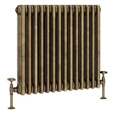 an old fashioned radiator with two faucets next to it on a white background