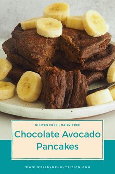 a white plate topped with chocolate pancakes covered in banana slices and sliced up bananas next to the words, gluten free vegan banana cacao pancakes