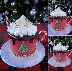 the cake is decorated with candy canes and marshmallows