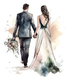 a watercolor painting of a bride and groom walking hand - in - hand together