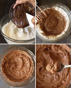 four pictures showing how to make chocolate frosting