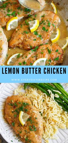 lemon butter chicken with pasta and asparagus on the side