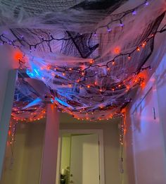 the ceiling is decorated with lights and netting over it's doorway area for halloween decorations