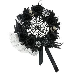 a black and white wreath with roses on it