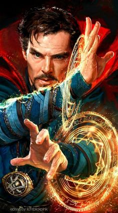 the character doctor strange is holding his hand out in front of him and pointing at something