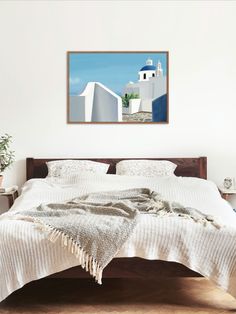 An aesthetic art print of The Blue Domed church of Oia, Santorini. Design features clear blue skies and white walls that reminds you of your summer holiday trip to Greece. Perfect wall art for your interior design theme for your living room or bedroom. Find this minimalist illustration on canvas prints, posters, photographic prints and stationery in my red bubble shop linked. Illustration On Canvas, Trip To Greece, Illustration Travel, Minimalist Illustration, Oia Santorini, Holiday Trip, Interior Design Themes, Design Theme, Clear Blue Sky