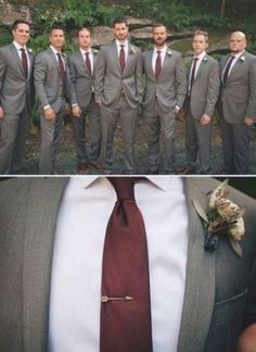 a group of men standing next to each other wearing suits and ties with flowers on the lapel