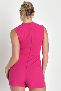 The Lulus Enticing Endeavors Hot Pink Square Neck Sleeveless Skort Romper is just what you need to turn any night into the best night! Stretchy crepe knit shapes wide tank straps that frame a square neckline and a princess-seamed bodice. A fitted waist tops a pair of flirty shorts that features a front overlay that creates a faux-wrap effect. Hidden back zipper. Fit: This garment fits true to size. Length: Above mid-thigh. Size medium measures 32" from shoulder to hem. Inseam: 2.50 Front Rise: 1 Pink Sleeveless Tank Top, Hot Pink Shorts Lulus, Pink Sleeveless Top For Date Night, Flirty Pink Mini Length Skort, Pink Stretch Mini Length Skort, Pink Sleeveless Elastane Top, Trendy Pink Skort With Built-in Shorts, Hot Pink Romper, Skort Romper