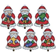 six santa clauss with christmas decorations on them