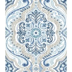 a blue and white rug with an ornate design