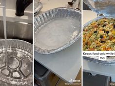 three pictures show how to make pasta in foil pans and then put them in the oven