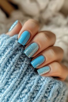 blue nail ideas Simple Winter Nails Short Blue, Blue Glitter Winter Nails, Blue Glitter Gel Nails, Blue Nails For Winter, Sparkly Blue Nails, Blue Sparkly Nails, Blue Nail Ideas, Manicured Nails, Glitter Tips