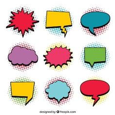 colorful speech bubbles with halftone shapes