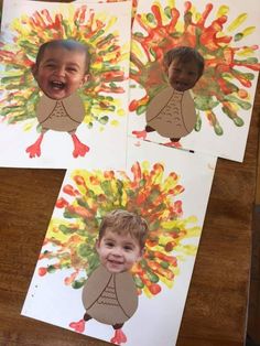 three children's handprints with different pictures of them