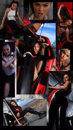 a collage of photos with women in black and red