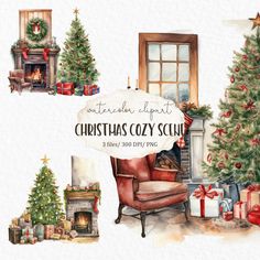 watercolor christmas cozy scene clipart set with fireplace, tree and presents on white background