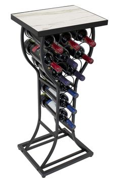 a wine rack with several bottles on it and a table top that has a marble top