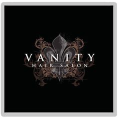 the vanity hair salon logo is shown on a black and white background with an ornate fleur