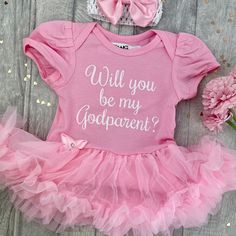 Baby Girl's Godparent Outfit Short sleeve cotton soft Tutu Romper with Bow and Headband - available in a selection of colours! White glitter 'Will you be my Godparent?'  Cute outfit for you to ask someone to be their Godparent and a lovely keepsake gift! Want to know a bit about who's making your gifts.... We are an award winning family business in the heart of Lancashire. Little Secrets is a British family company, home to the most adorable baby girl and boy outfits and personalised gifts for a British Family, Angel Outfit, Baby Girl Shorts, Personalized Baby Girl, Pink Tutu, Cute Princess, Girls Valentines